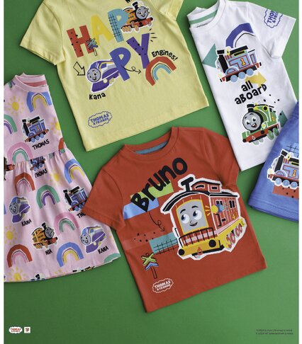 Bright, colourful dress and t-shirts branded with Thomas & Friends