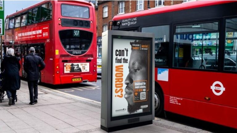 'Can't find the words?' ad at a bus stop in Barnet, part of the council's suicide prevention campaign