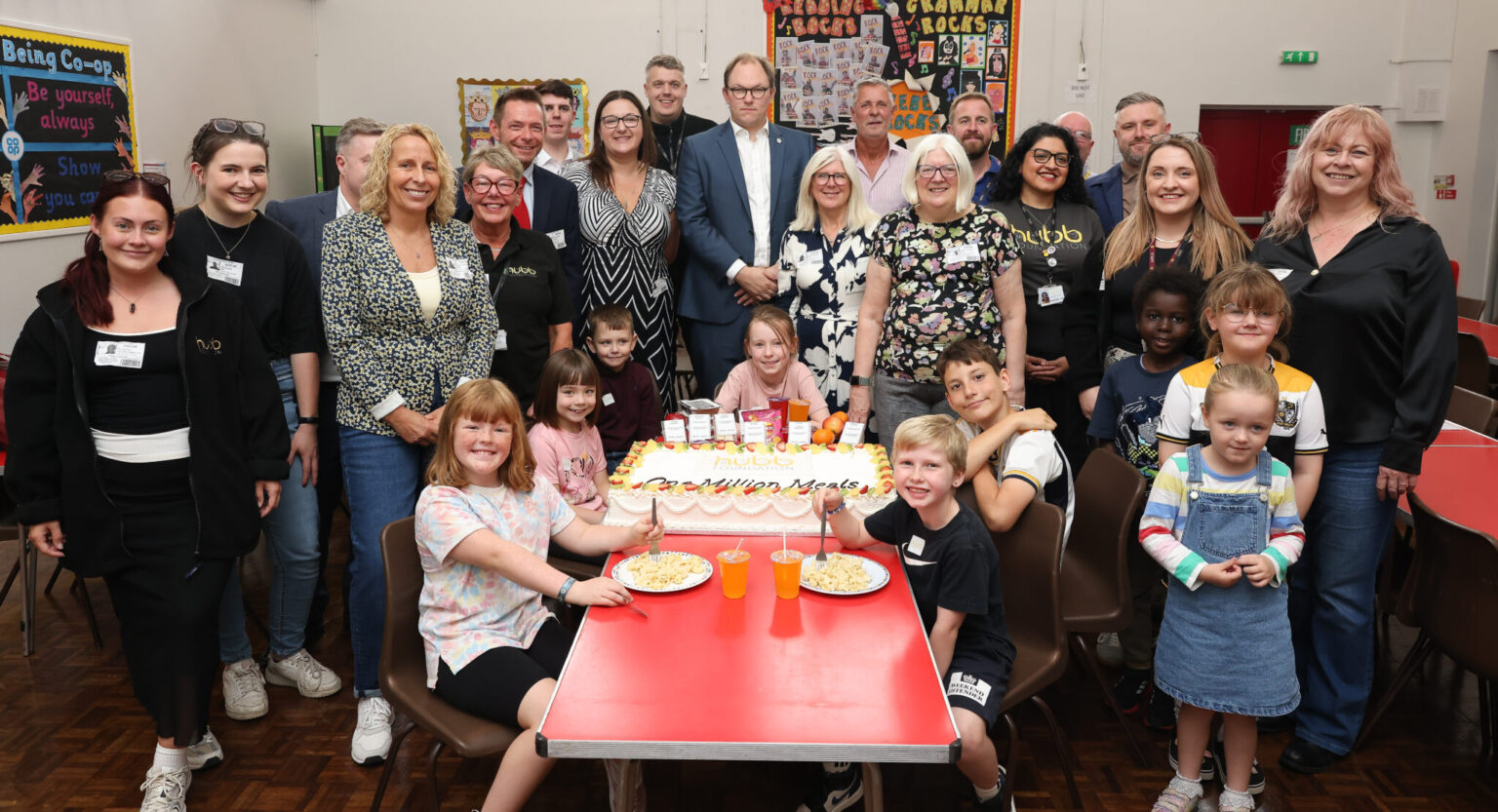 The Hubb Foundation commemorate their millionth school holiday meal at Co-op Glebe Academy in Fenton. Image courtesy of the Hubb Foundation