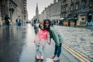 a couple of kids that are standing in the rain