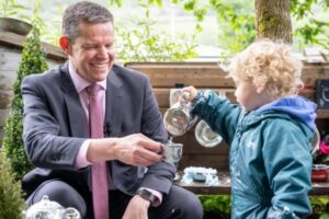 Rhun ap Iorwerth, the new First Minister of Wales, enjoys a tea party at Cwm Golau Integrated Children's Centre, photo courtesy of Welsh government